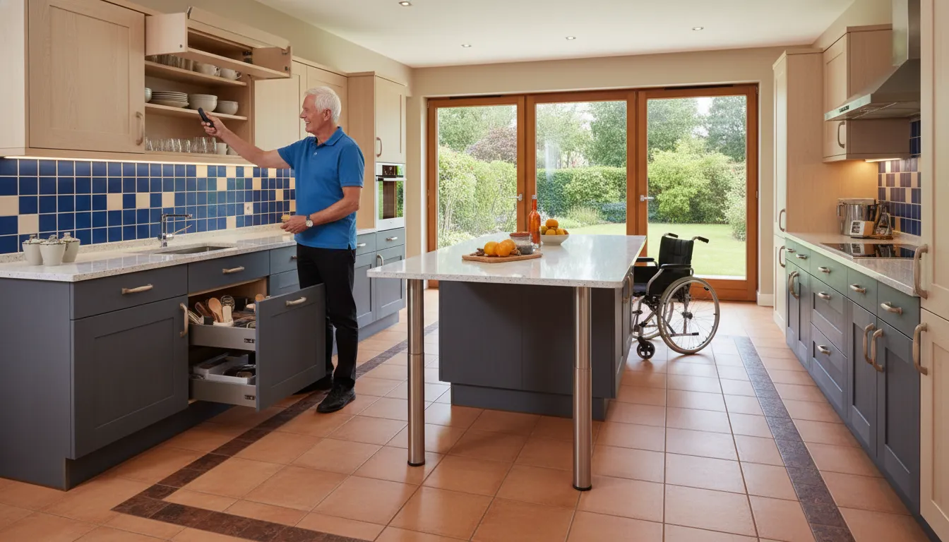 Accessible kitchen with pull-down shelves and adjustable countertops, making it easy to preparing home for aging in place.
