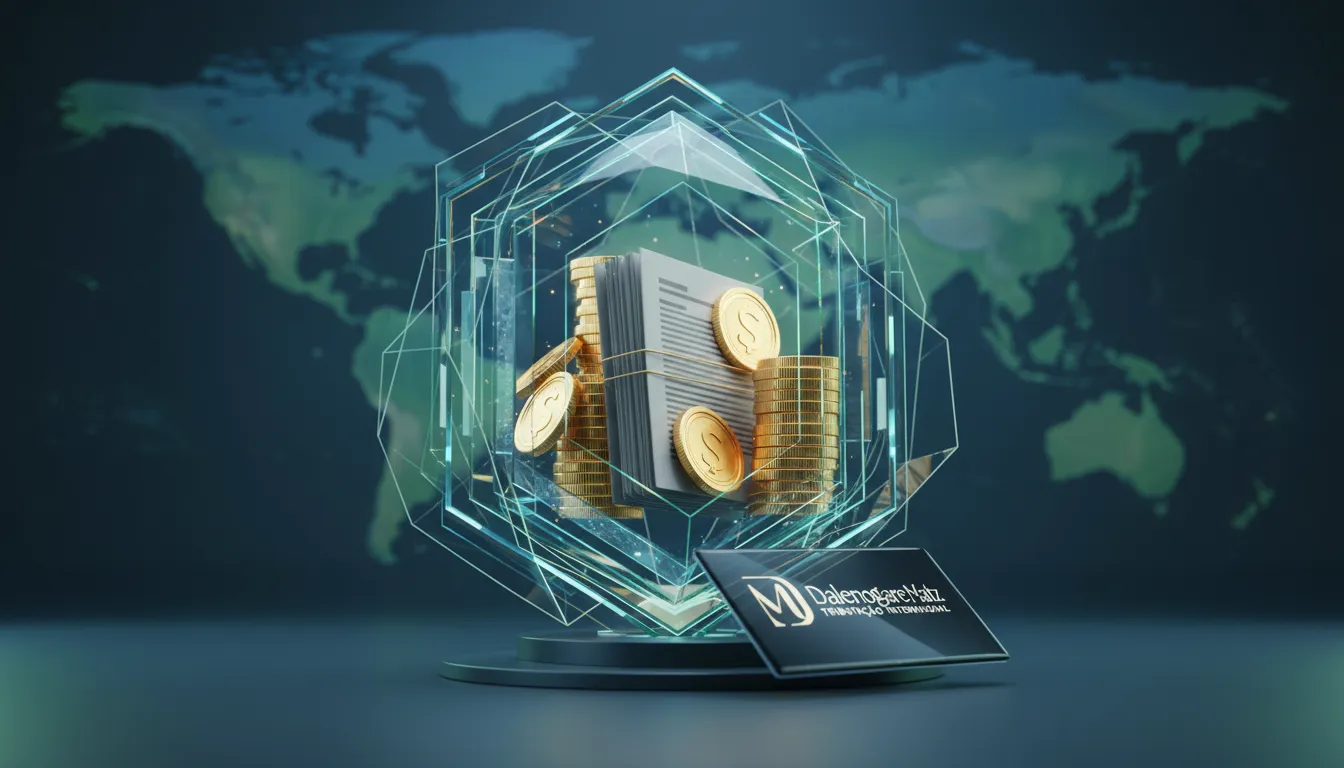 Visualização abstrata de uma holding internacional patrimonial, protegendo bens financeiros com estrutura geométrica e alcance global.