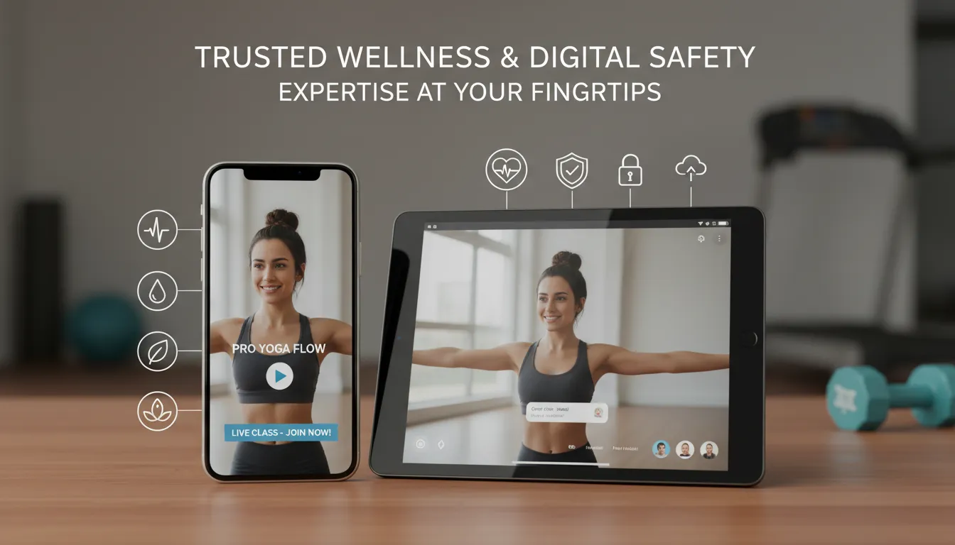 Grupo diverso praticando yoga online em diferentes cômodos, todos atentos à orientação digital.