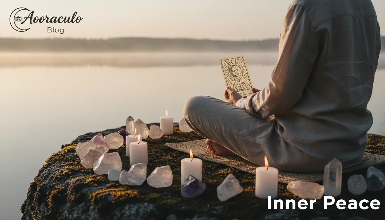 5 Dicas de Como o Tarot pode revolucionar sua vida pessoal, Descubra! Meditação com tarot e cristais, representando a busca por paz interior e como o tarot pode revolucionar a vida pessoal, segundo o Aooraculo Blog.