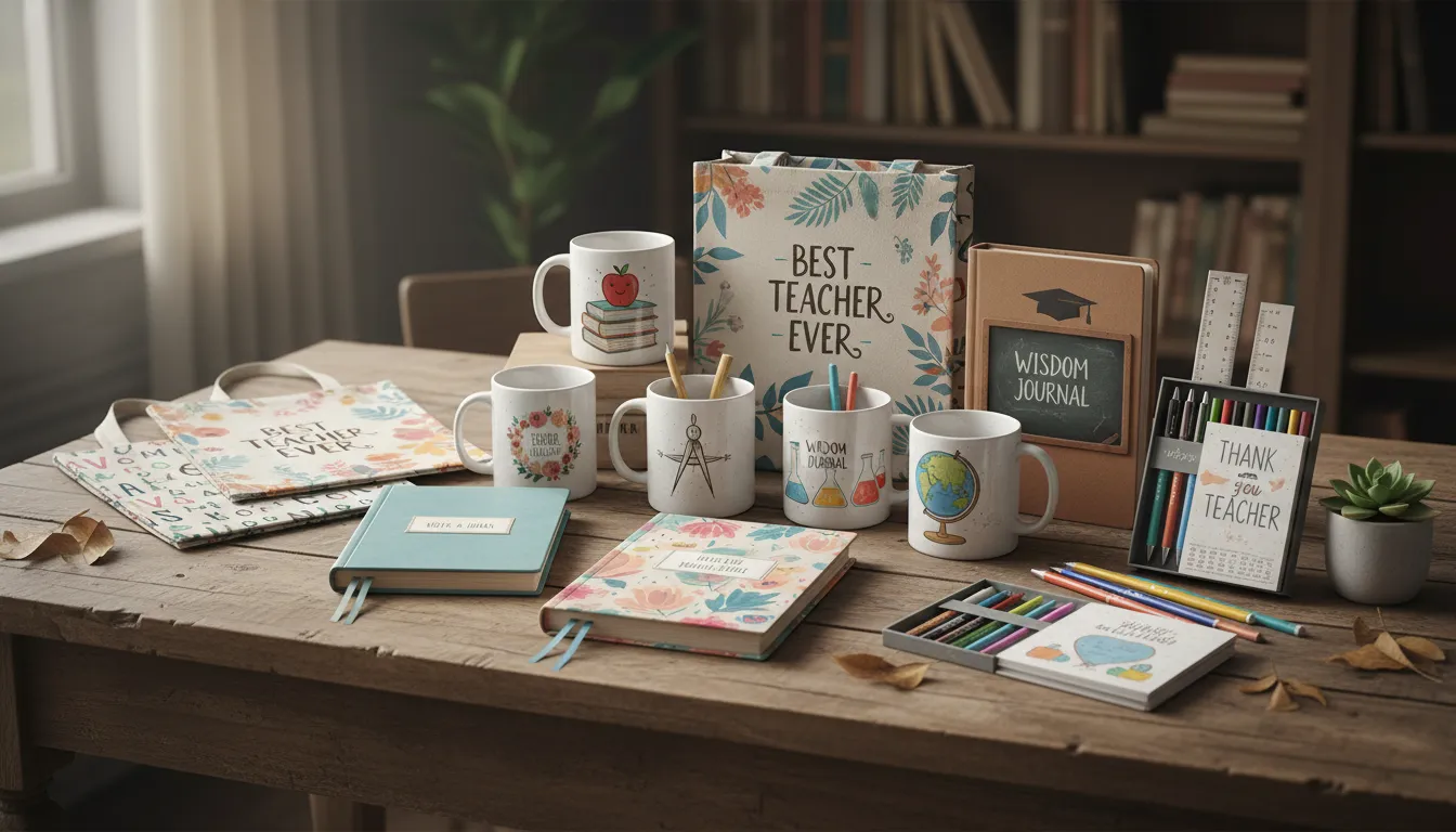 Vários presentes personalizados para professores exibidos em mesa, incluindo canecas, ecobags e cadernos customizados.