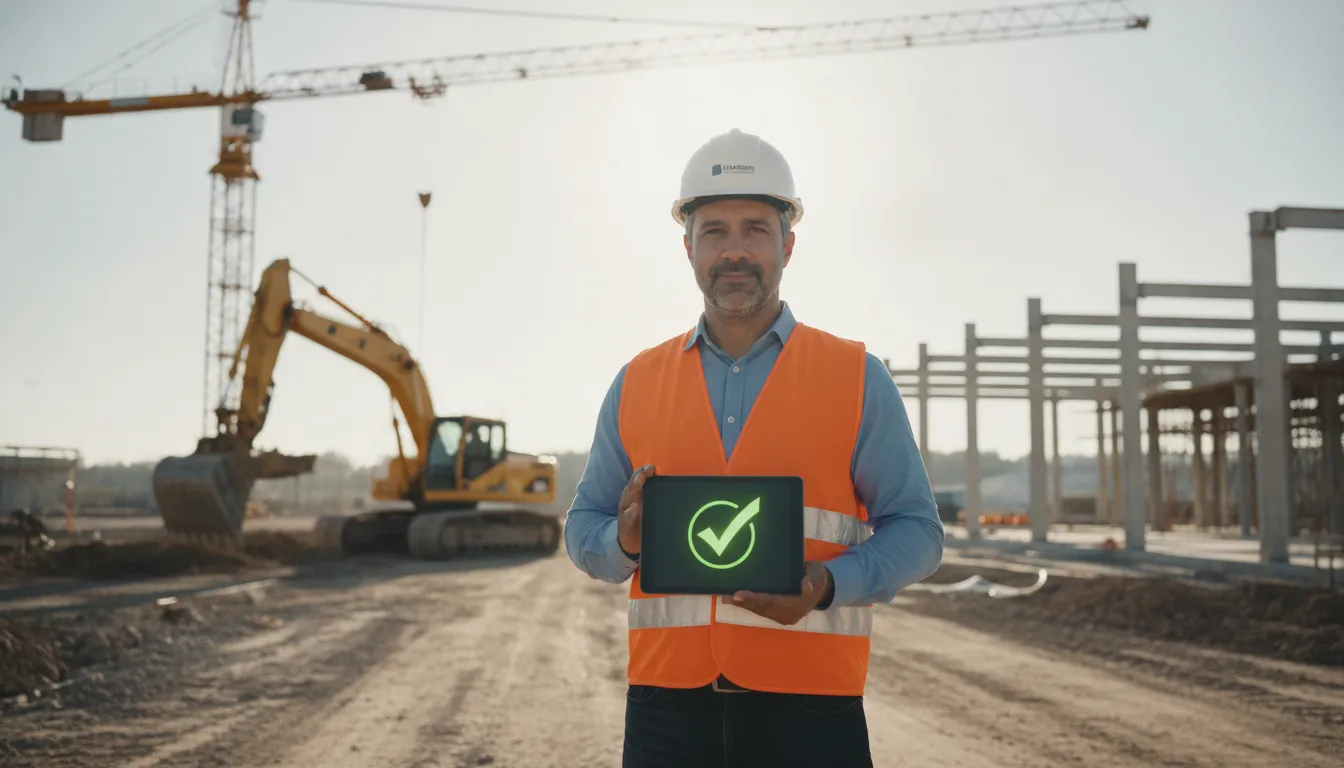 Empresário feliz com financiamento para empresa de engenharia, com canteiro de obras no fundo, sucesso.