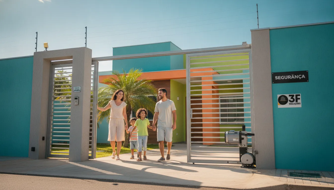 Família feliz entrando em casa com portão automático e Motor de Portão em Fortaleza da 3F Soluções, segurança e conforto.