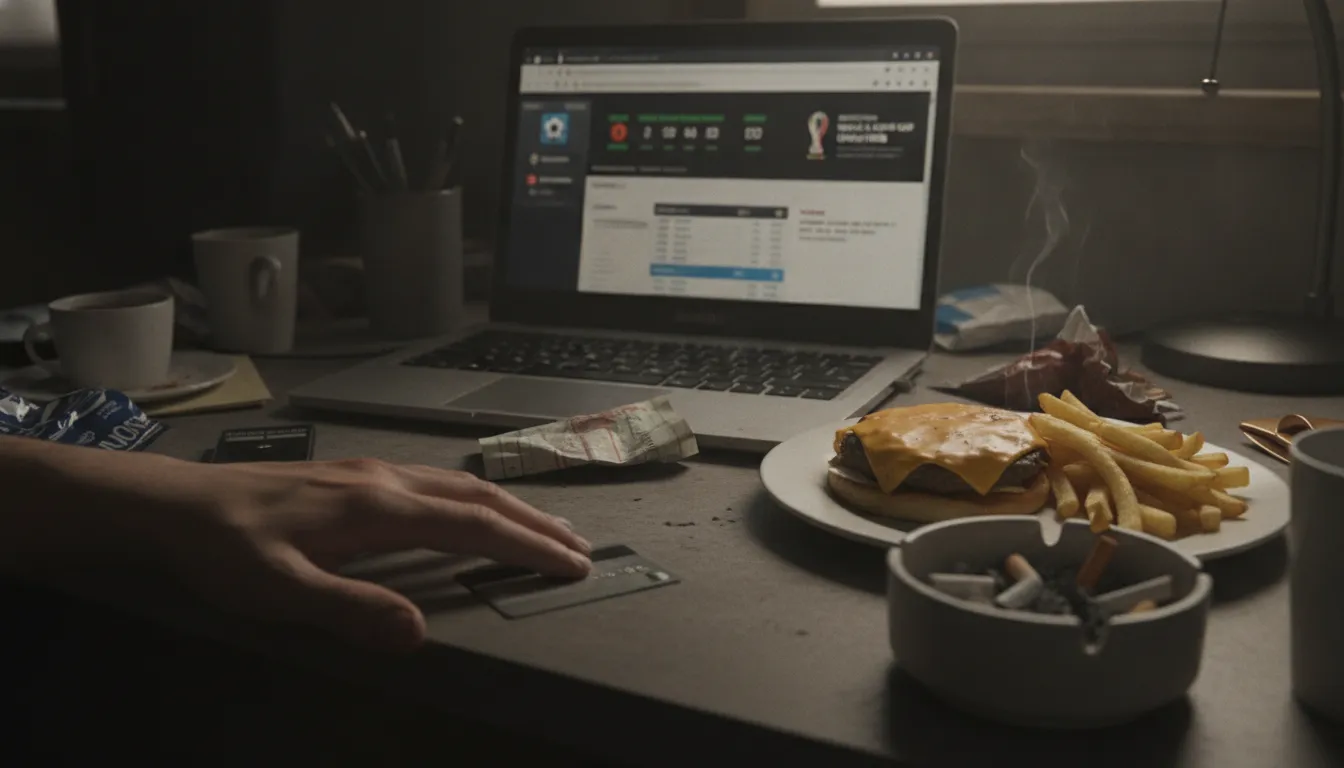 Mesa bagunçada com computador mostrando sites de apostas, indício de vício em bets e ludopatia durante Copa do Mundo.