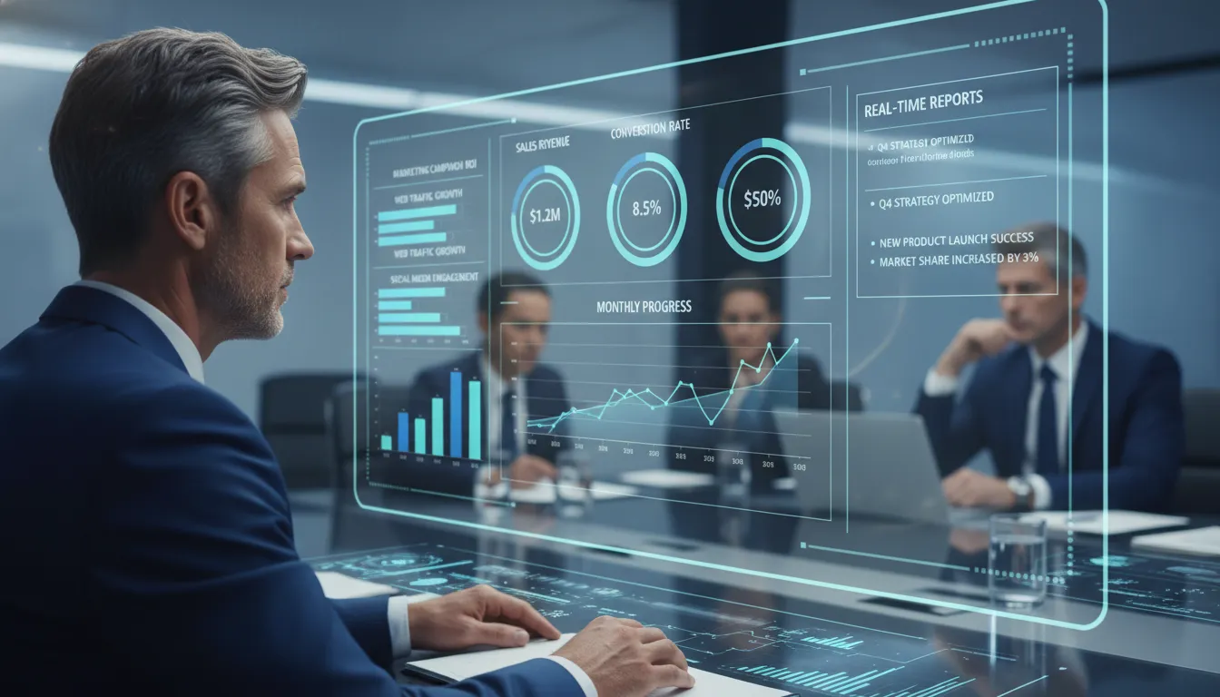 Gestor analisando dashboard com métricas e gráficos de desempenho em marketing, em ambiente de decisão estratégica.