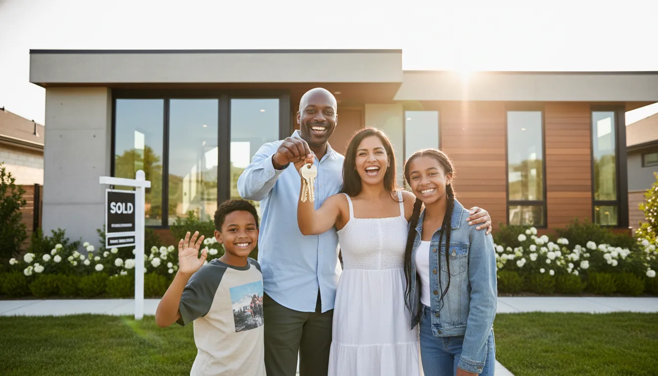 Família feliz em frente à casa nova, resultado da aprovação crédito alto valor para realização de sonhos.