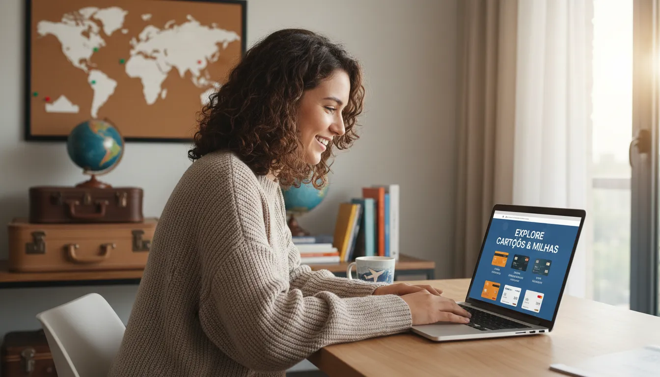 Pessoa pesquisando sobre cartões de crédito e milhas em um laptop, com itens de viagem ao fundo.