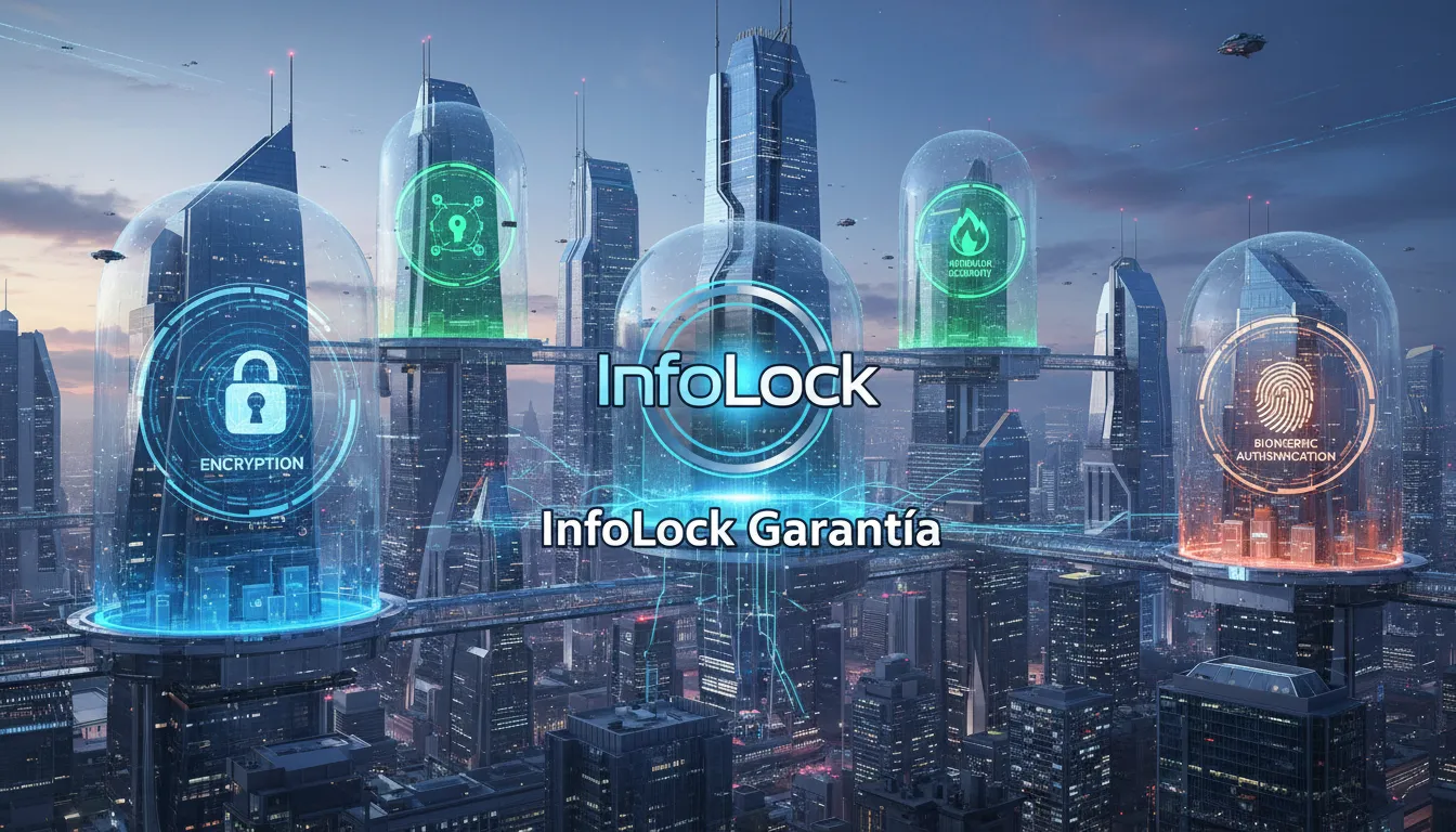 Paisagem urbana futurística com escudos digitais protegendo edifícios, representando a garantia de proteção de dados pessoal e sensível pela InfoLock.