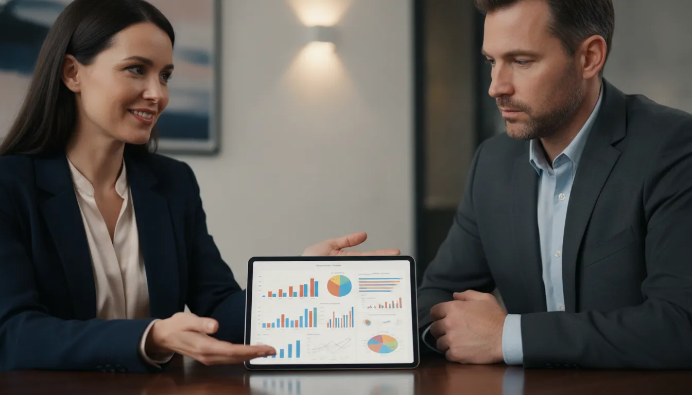 Consultor financeiro orienta empresário sobre crédito para empresa de engenharia, destacando assessoria.