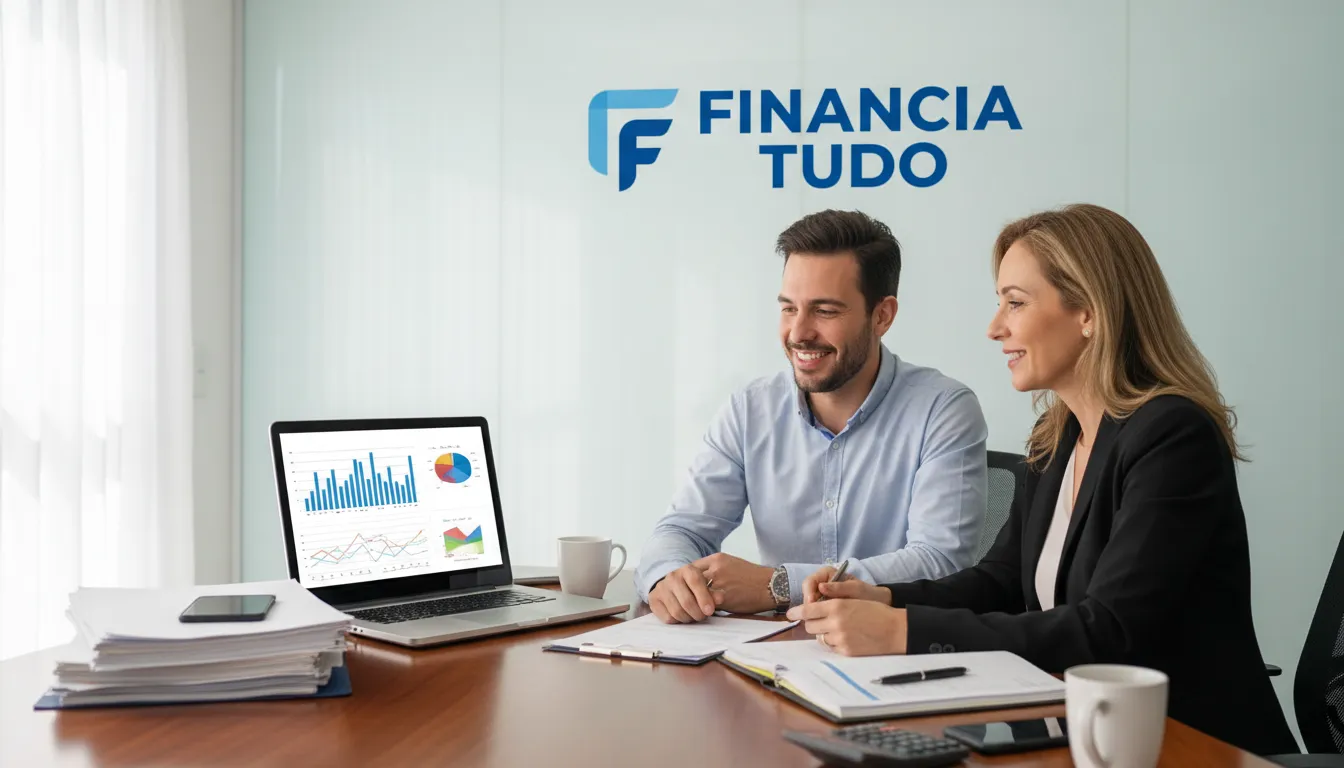 Consultor financeiro orientando casal com documentos e laptop, representando apoio da Financia Tudo