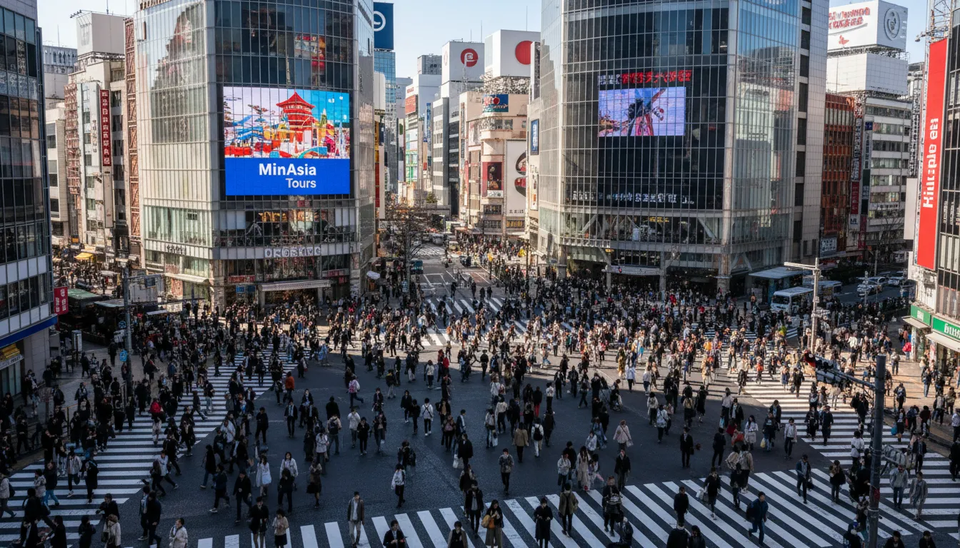 Foto de ângulo alto do shibuya crossing em horário de pico, mostrando a escala e a densidade da multidão. MinAsia Tours em destaque em um banner.