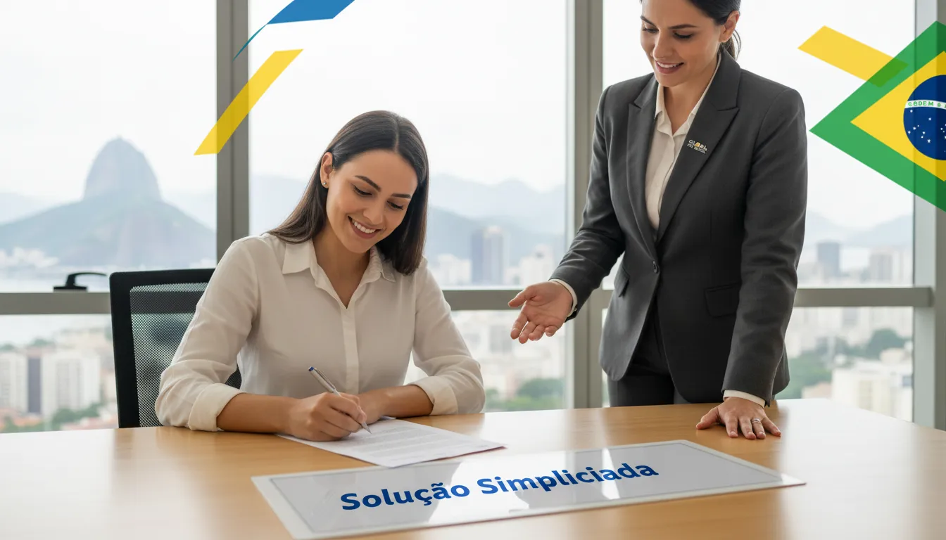 Pessoa assinando documento com confiança, simbolizando a simplificação da conta bancária não residente brasil.