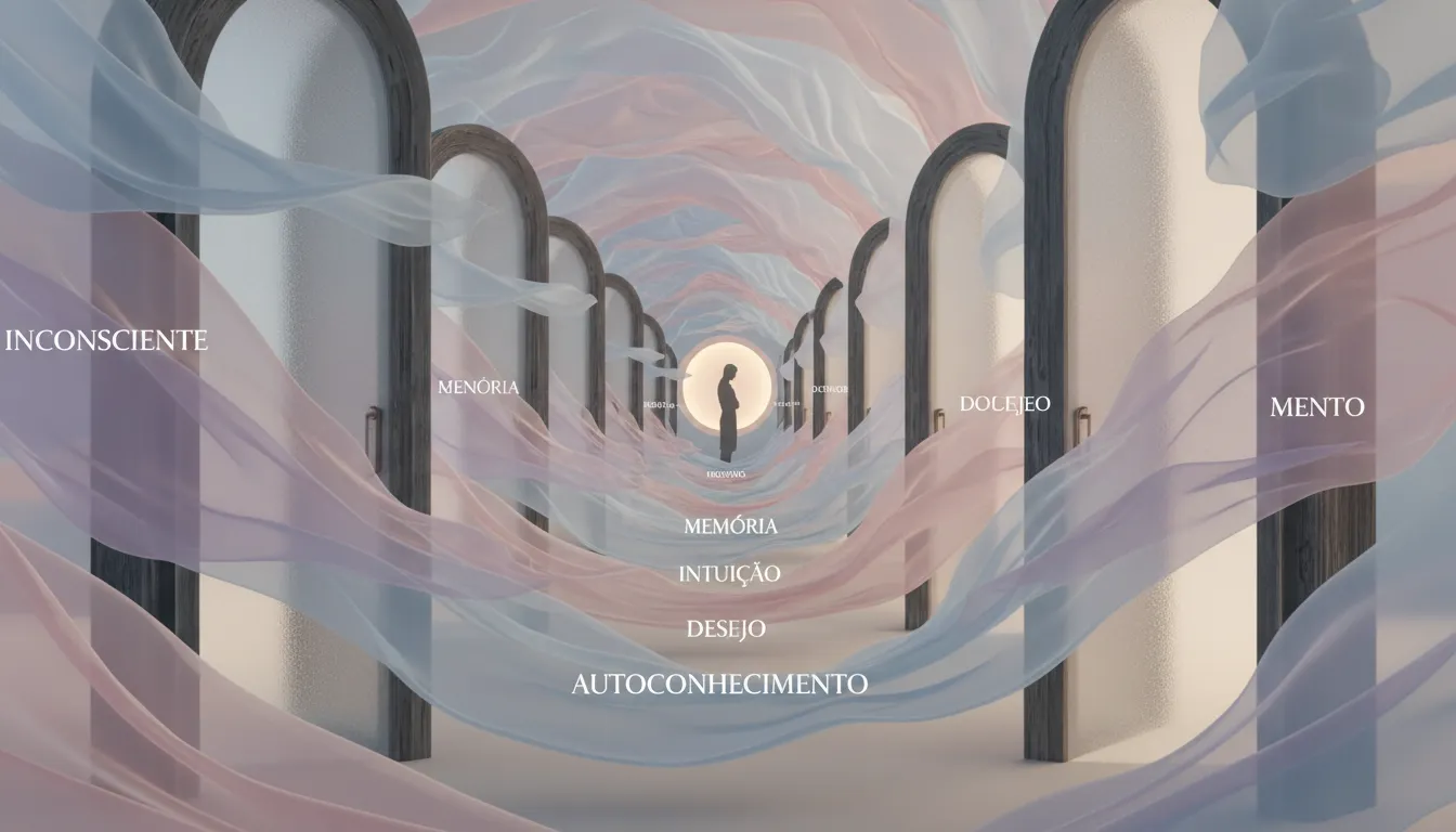 Representação abstrata de mente humana com camadas e portas, ilustrando o inconsciente.
