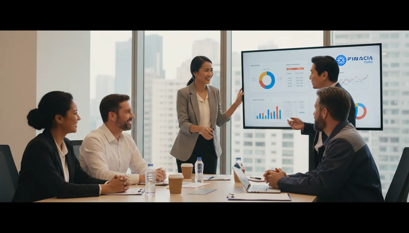 Consultores da Financia Tudo explicam opções de financiamento de caminhão para autônomos para um motorista em seu escritório.