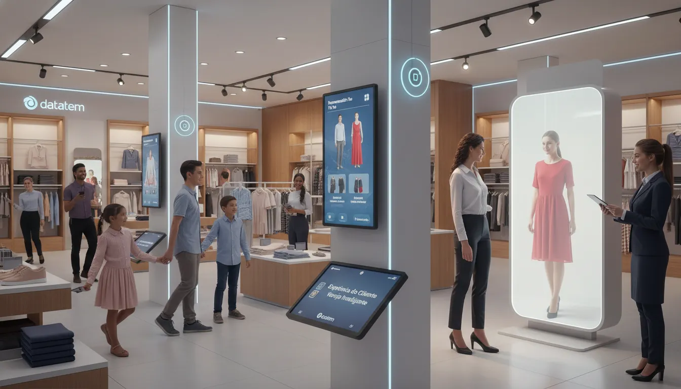 Experiência aprimorada no varejo inteligente, com displays interativos, espelhos inteligentes e beacons personalizados.