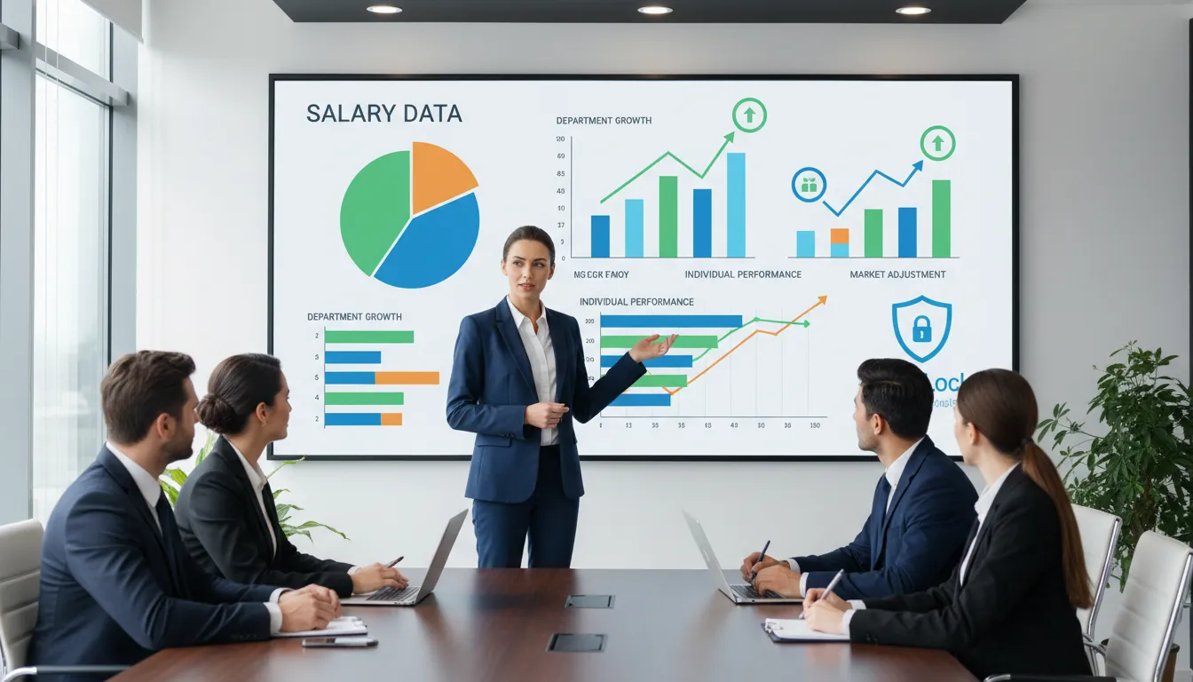 Empresária apresentando dados de salário de forma transparente, promovendo a salary transparency e o uso de soluções de segurança InfoLock.