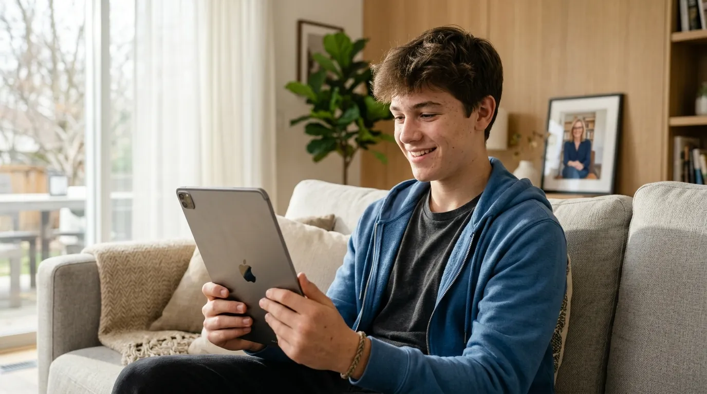 Jovem sorrindo em consulta online cuidando da saúde mental dos adolescentes com profissional