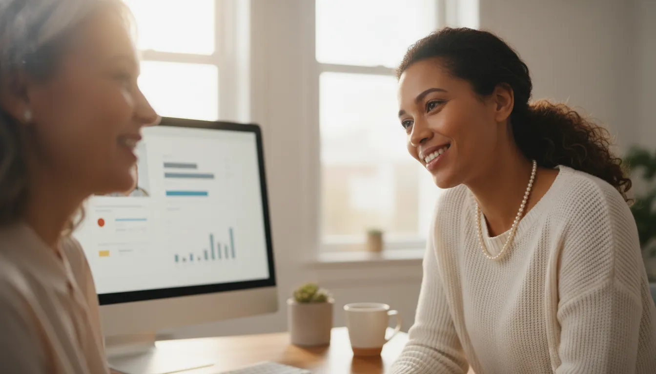 Atendente de crm marketing oferecendo suporte personalizado a cliente satisfeito, construindo fidelidade através de dados.