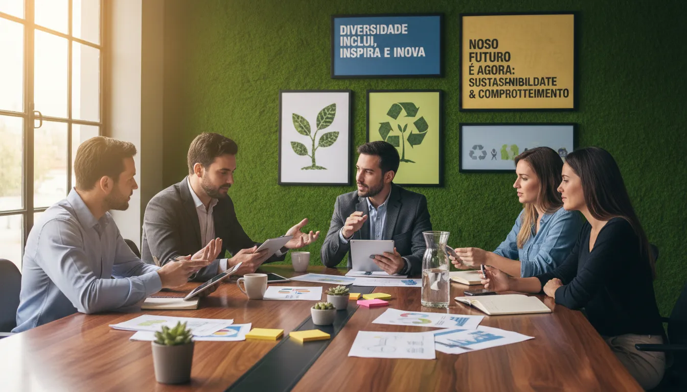 Equipe de pequena empresa colaborando em ambiente sustentável e inclusivo, evidenciando responsabilidade social