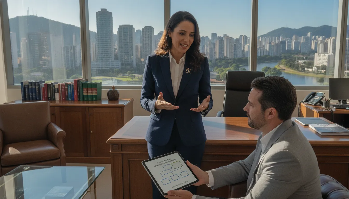 Lawyer guiding foreign investor through steps to incorporate a company in Brazil, ensuring clear understanding.