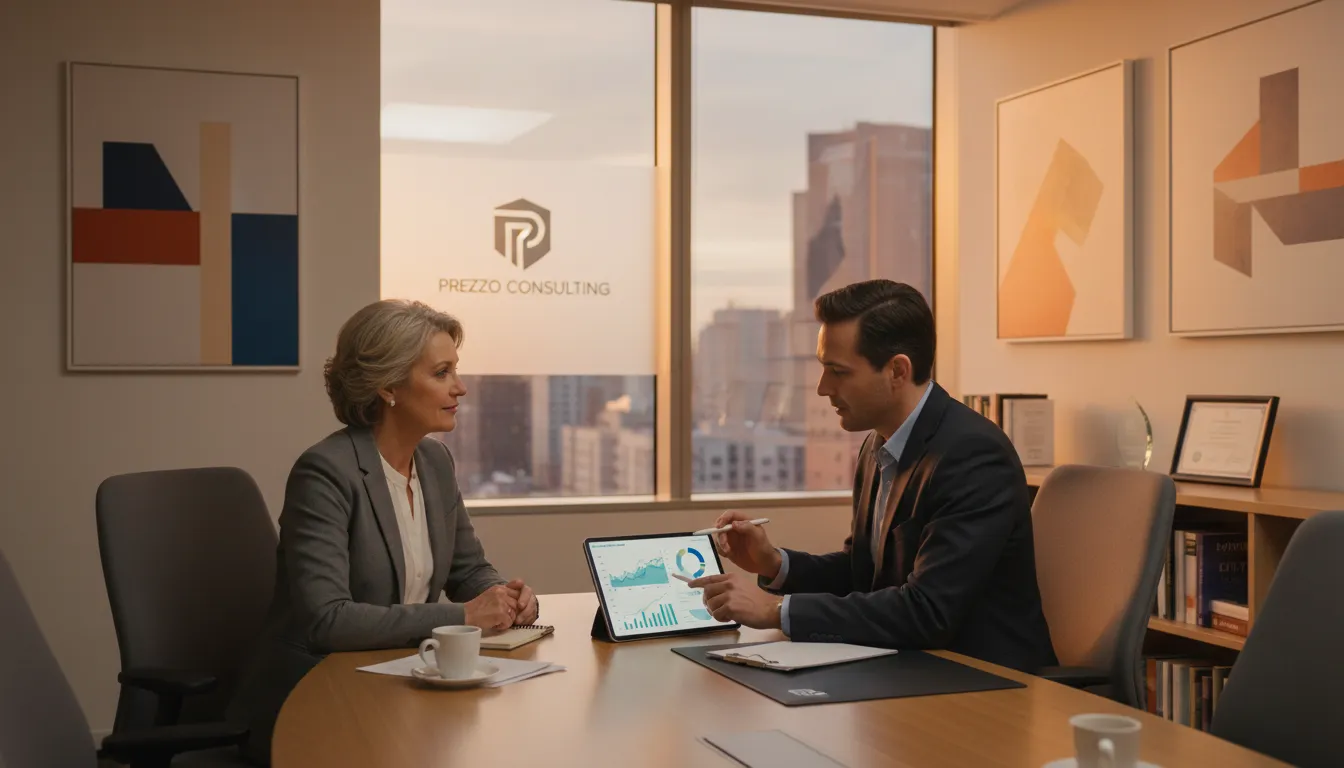 Consultant explaining finances for opening a company in Orlando, Prezzo Consulting.