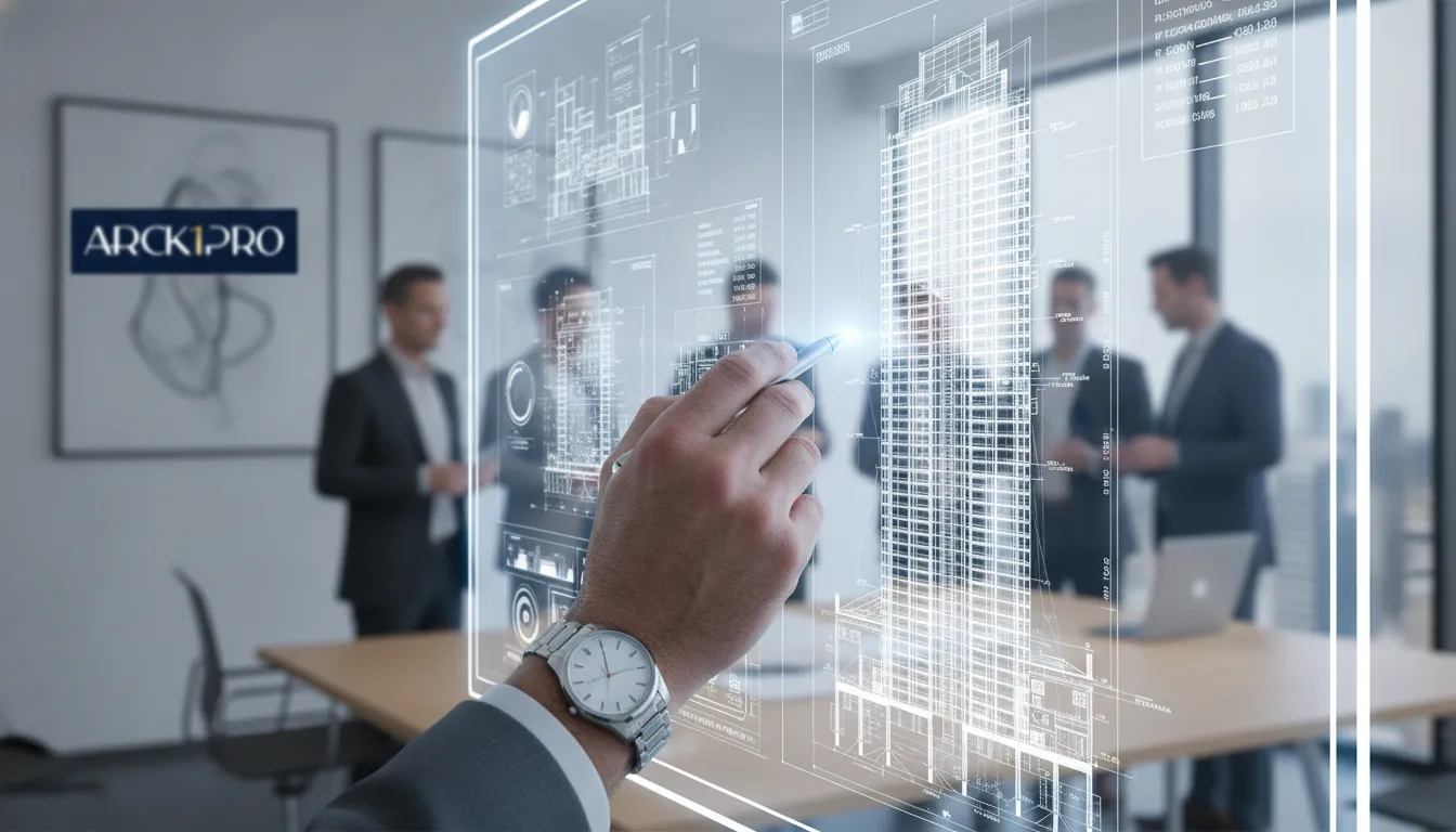 Mãos apontam para tela com projeto digital de incorporação imobiliária, destacando precisão e método.