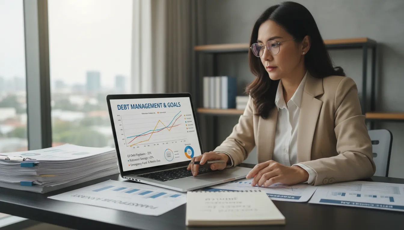 Pessoa analisando orçamento, gráficos e controle de dívidas no computador