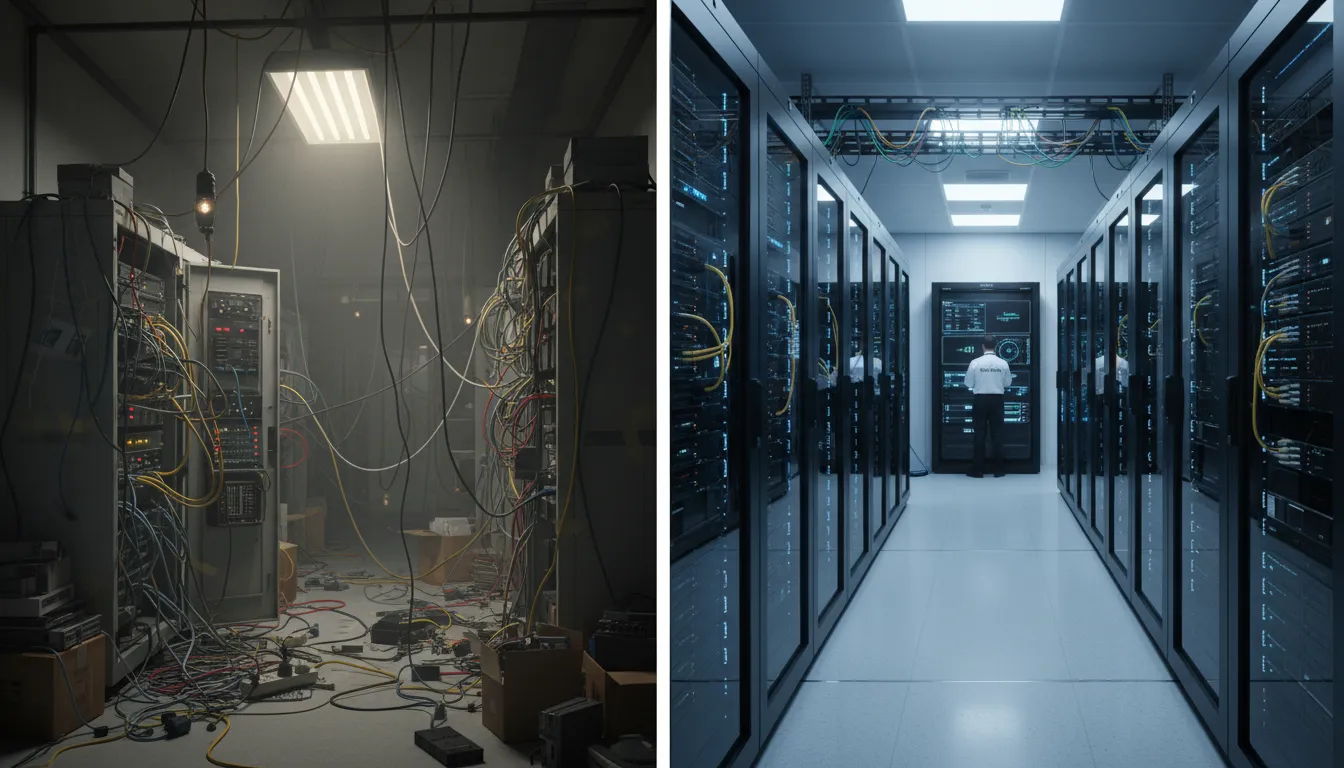 Comparación visual: servidor de hospedaje barato sobrecargado vs. una solución confiable, resaltando la importancia del rendimiento.
