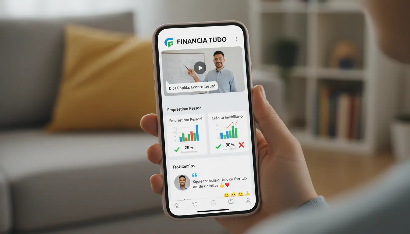 Tela de smartphone com feed de rede social Financia Tudo, destacando conteúdo para divulgação serviços financeiros.