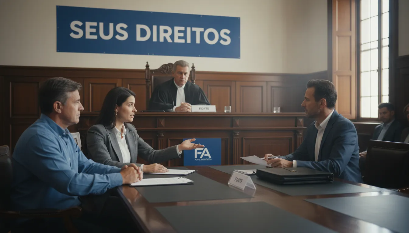 Representação realista de uma audiência na justiça do trabalho, com foco na defesa dos direitos do trabalhador e a importância de um acerto trabalhista justo.