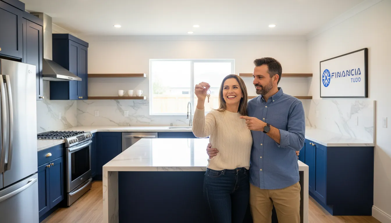Casal feliz após avaliar valor liberado de crédito para realizar sonho, usufruindo de sua decisão estratégica.