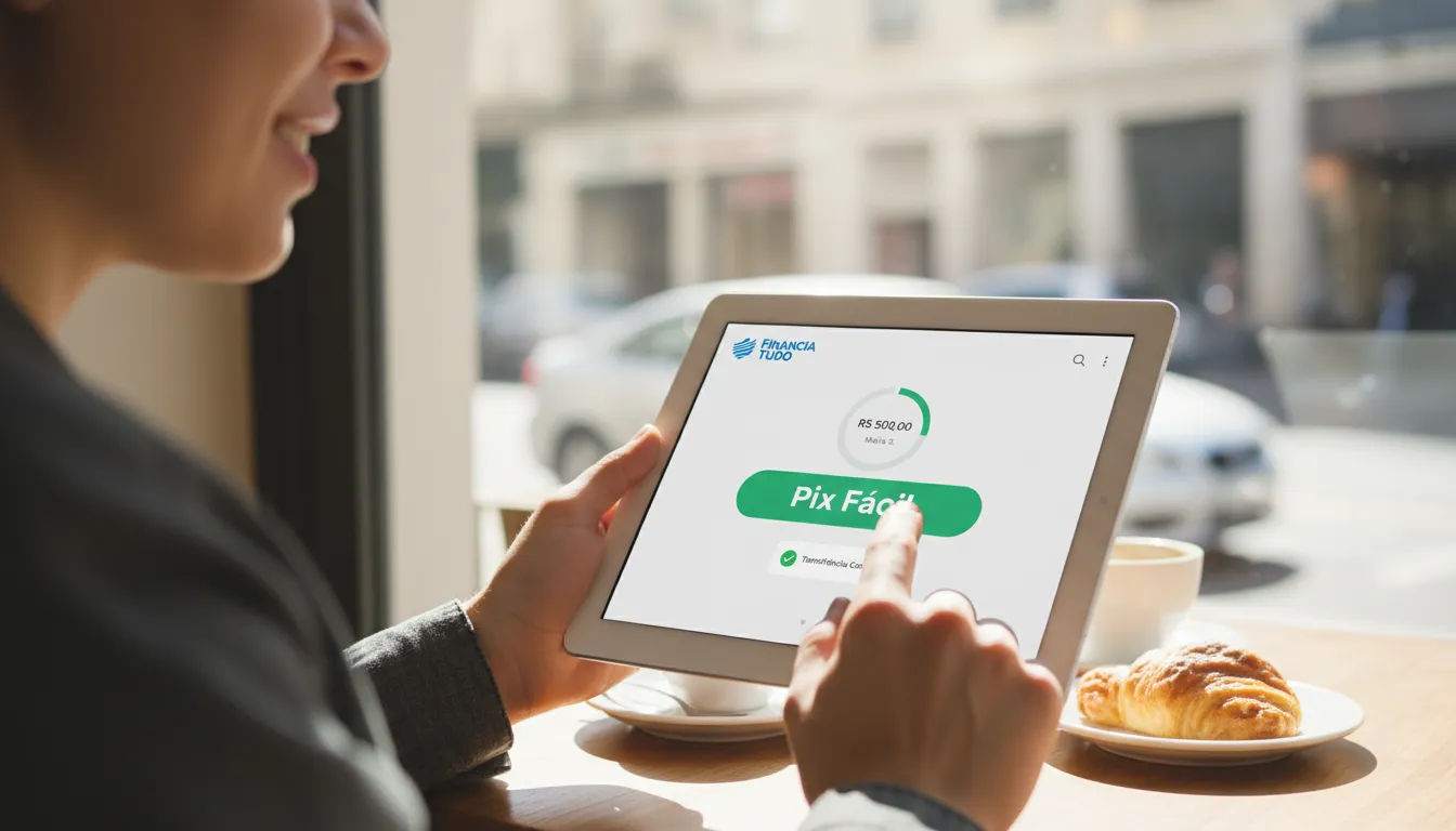 Pessoa usando app de banco no tablet para transferir dinheiro via Pix em um café. Cena ilustrativa sobre bancos digitais e pix.