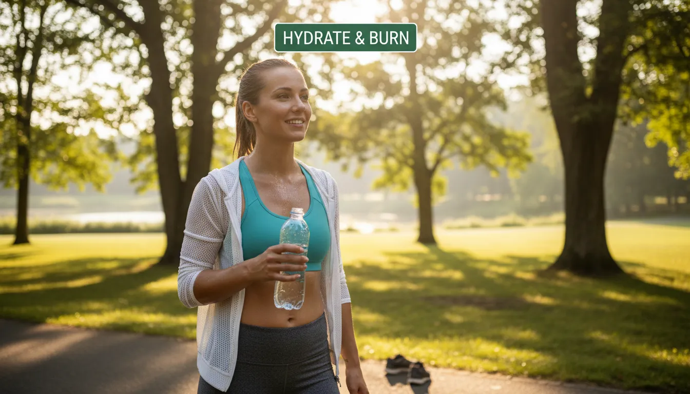 Mulher sorrindo com garrafa d'água após exercício, mostrando que beber água emagrece e hidrata.