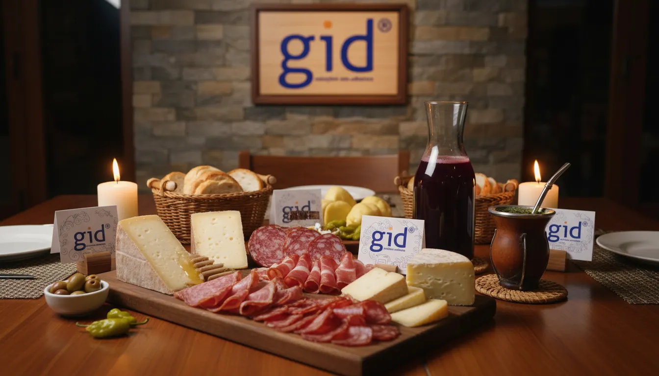 Mesa de jantar com produtos do Paraná, como queijos e chimarrão, com selo de indicações geográficas paraná, destacando a culinária regional.