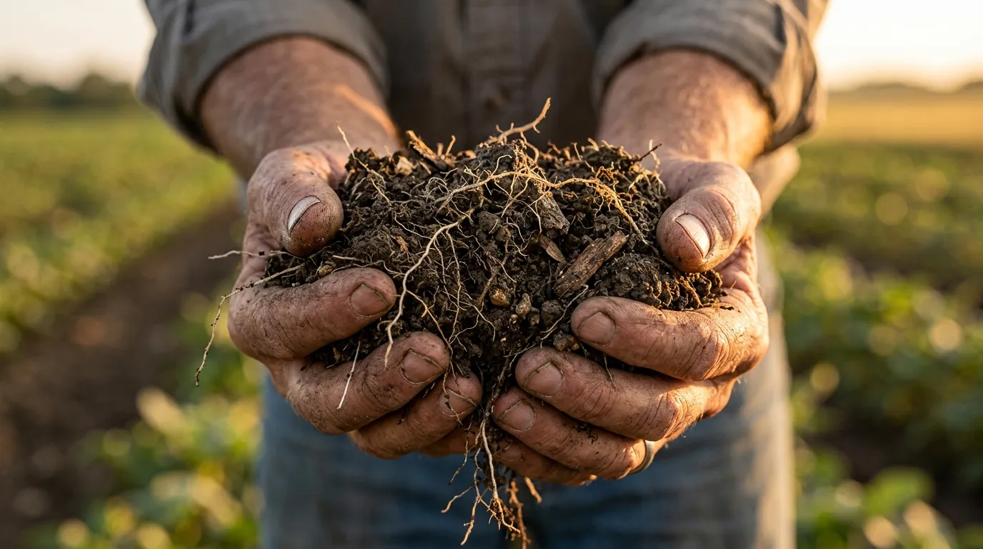 Agricultor avalia solo saudável e rico em matéria orgânica por meio de técnicas agrícolas.
