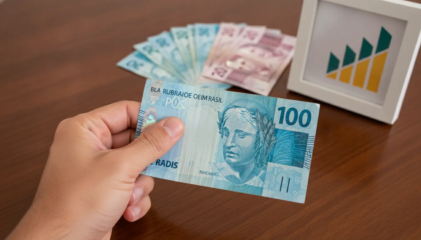 Mão segurando cédula de cem reais, simbolizando o valor máximo do teto do INSS 2026 e contribuições.