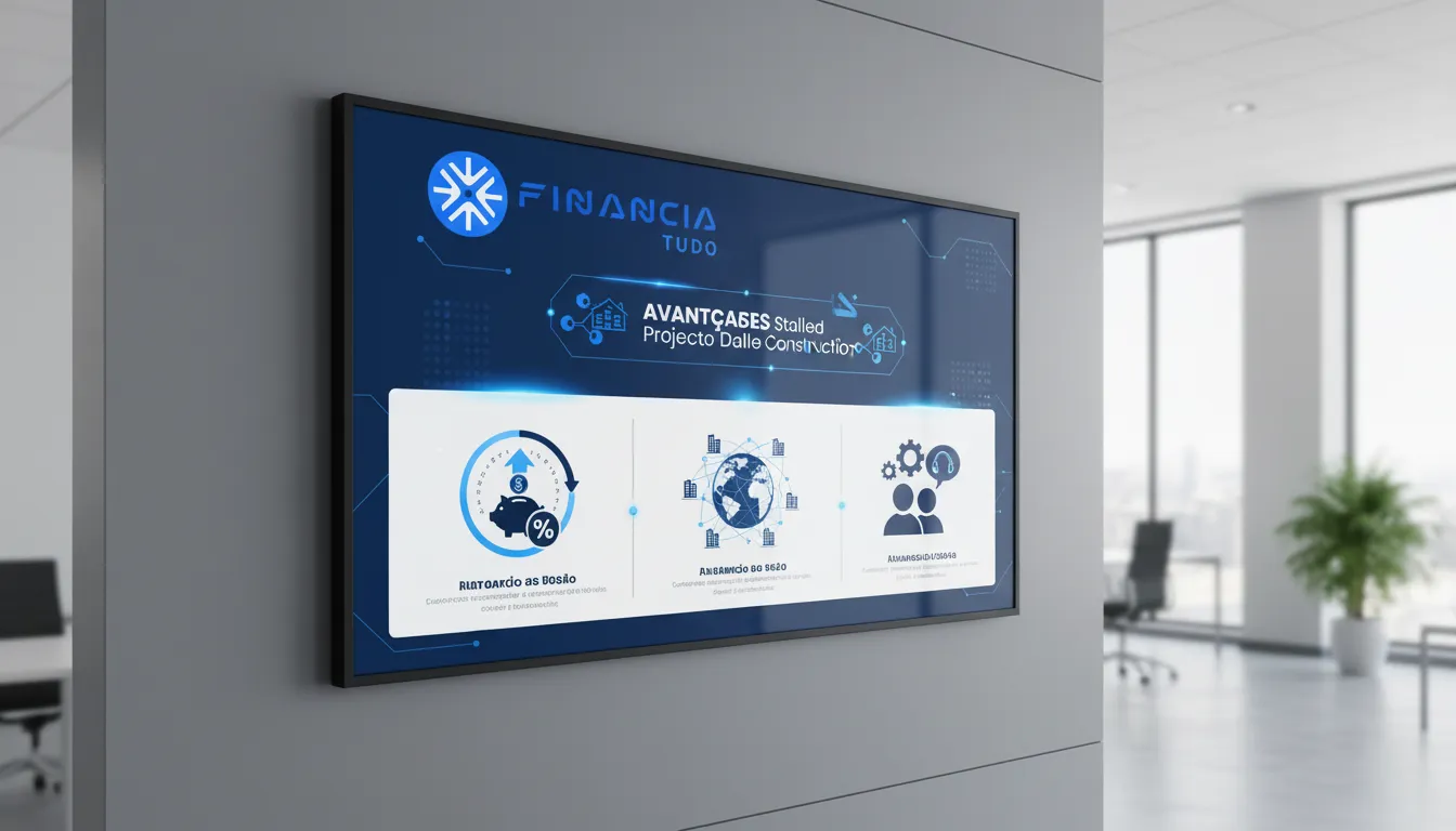 Infográfico moderno destacando as vantagens de usar Financia Tudo para obter crédito para finalizar obra parada, com suporte de especialistas e taxas competitivas.