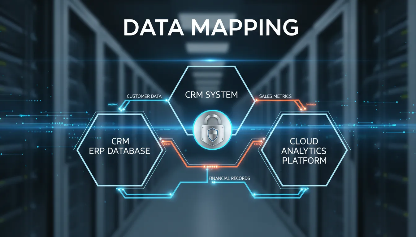 Representação visual do fluxo de dados entre sistemas, destacando o processo de data mapping e simbolizando a proteção de dados.