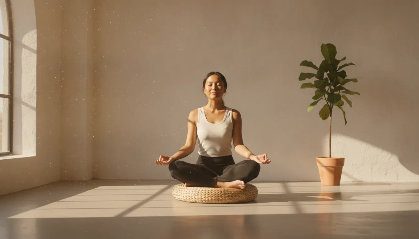 Pessoa meditando em quarto ensolarado, demonstrando mindfulness para modificar autocrítica e pensamentos negativos.