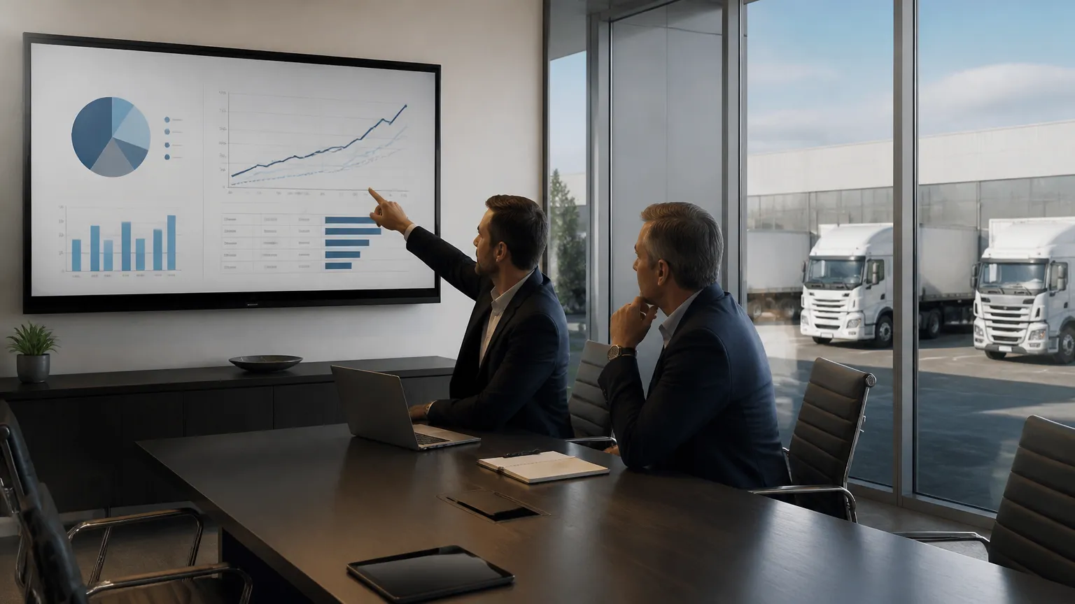Executivos analisando o impacto da parcela no fluxo de para expansao de frota.