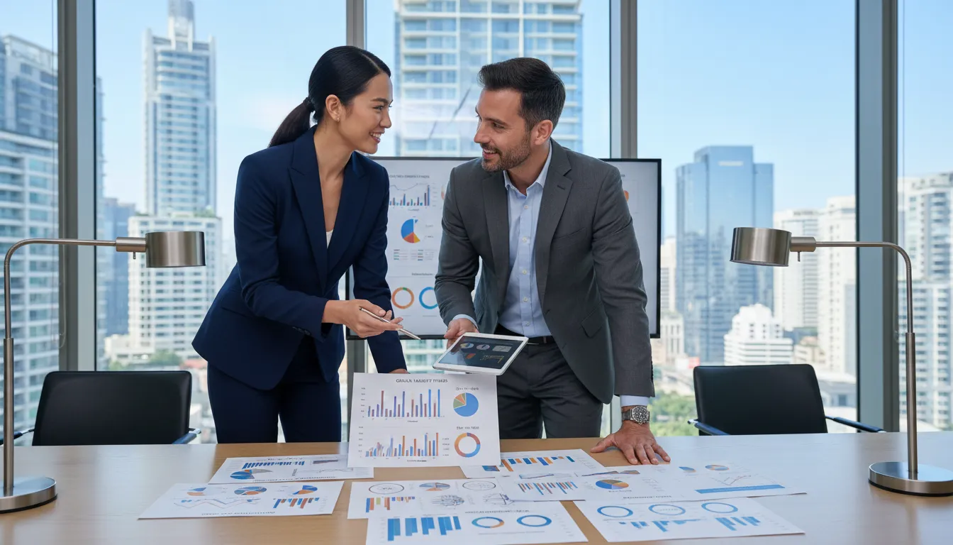 Especialistas financeiros colaborando em análises e decisões para superar cenários econômicos incertos.