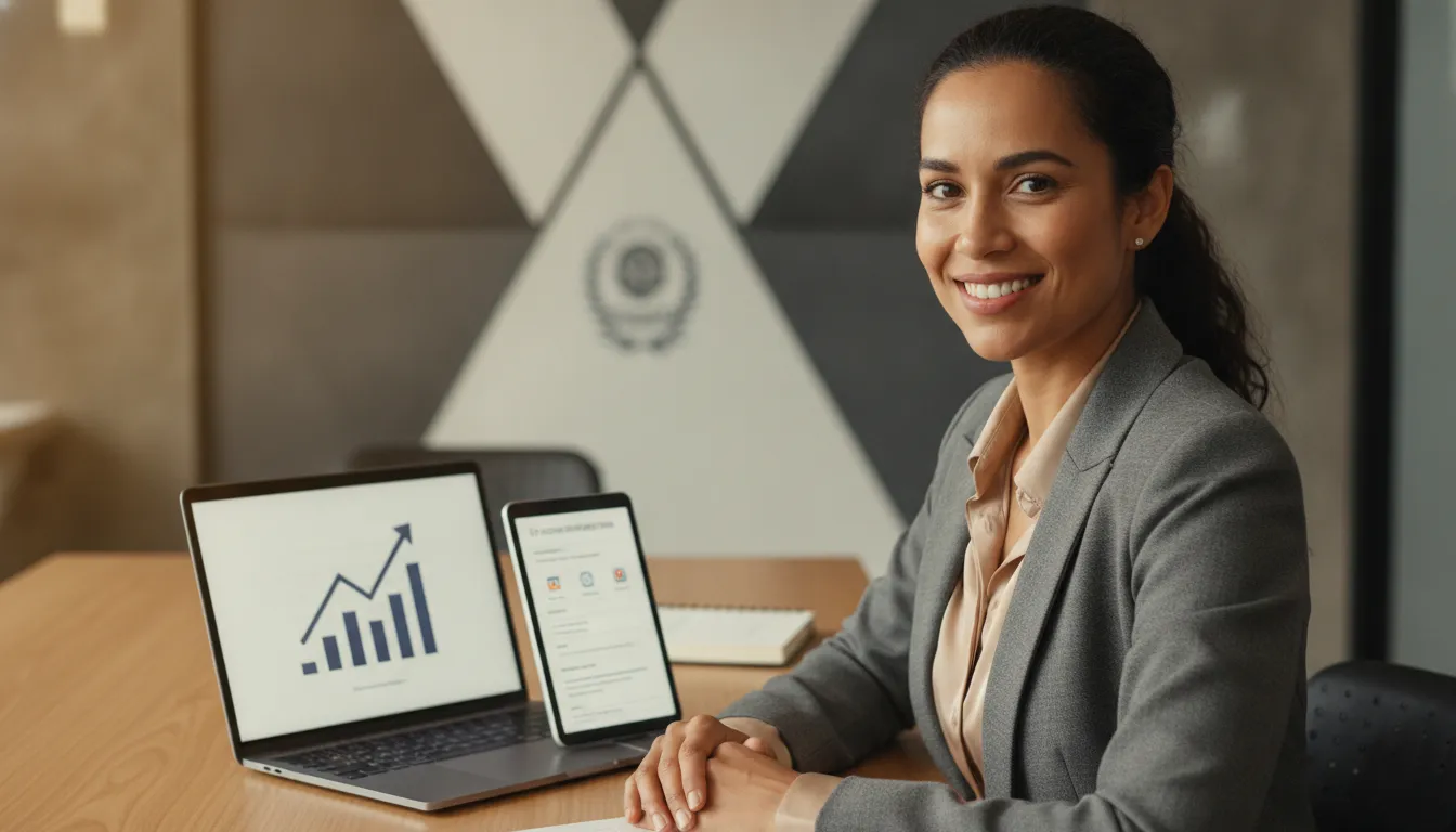 Empreendedora confiante sorri, simbolizando o sucesso ao escolher o Melhor Estado para Abrir Empresa.
