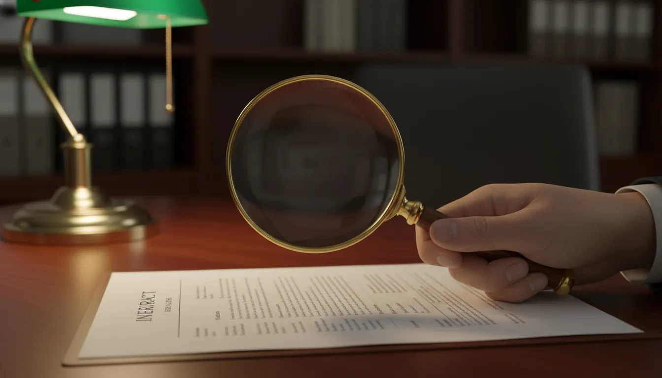 Mão com lupa analisa juros financiamento caminhão em contrato, destacando termos importantes e custos.
