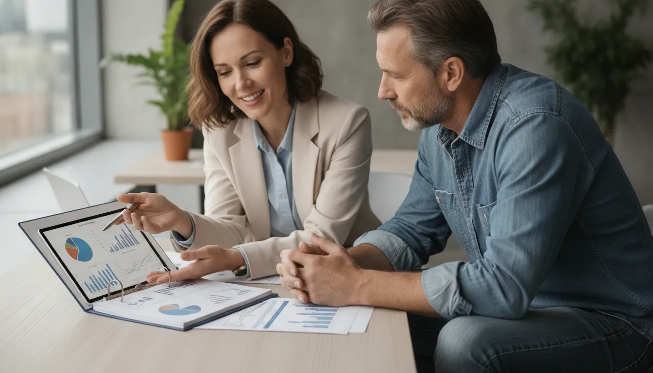 Consultor financeiro explicando opções para o melhor financiamento de caminhão a cliente, com tablet comparativo.