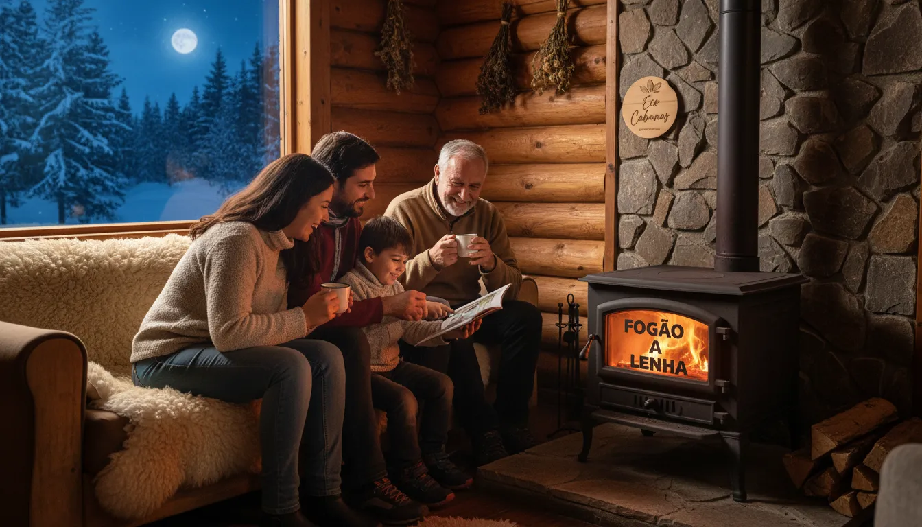 Família reunida ao redor de um fogão a lenha em cabana rústica, compartilhando histórias e chocolate quente. O calor do fogão a lenha aquece o ambiente.