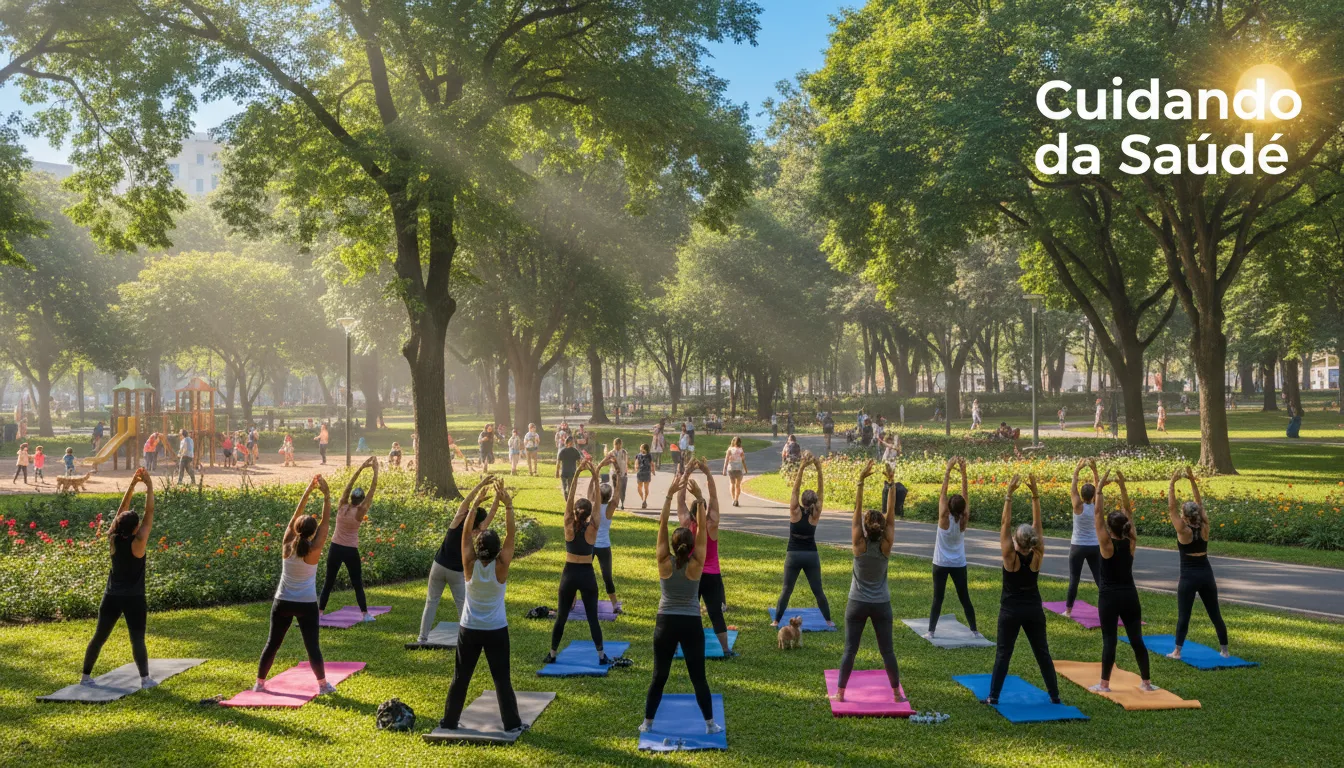 Grupo de pessoas praticando exercícios leves em um parque verdejante.