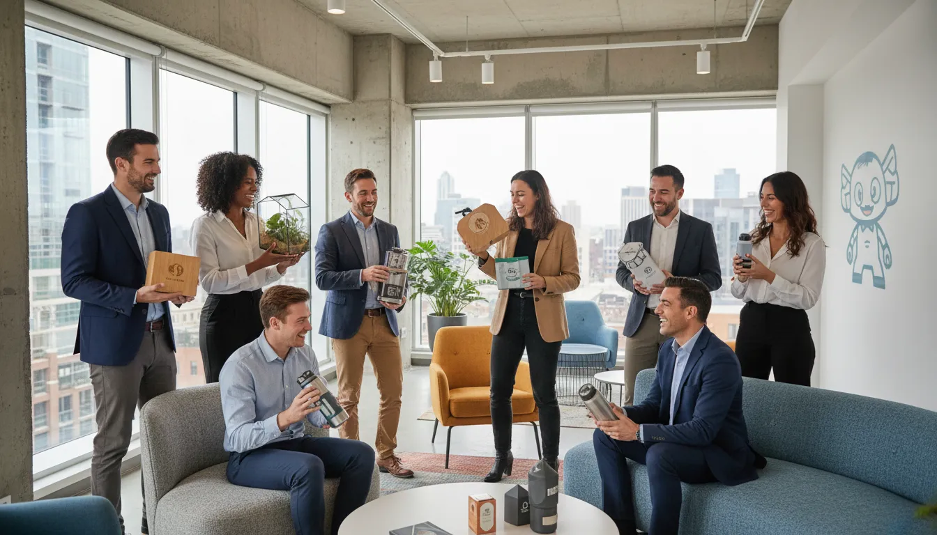 Profissionais trocando presentes criativos e personalizados em ambiente corporativo moderno e descontraído