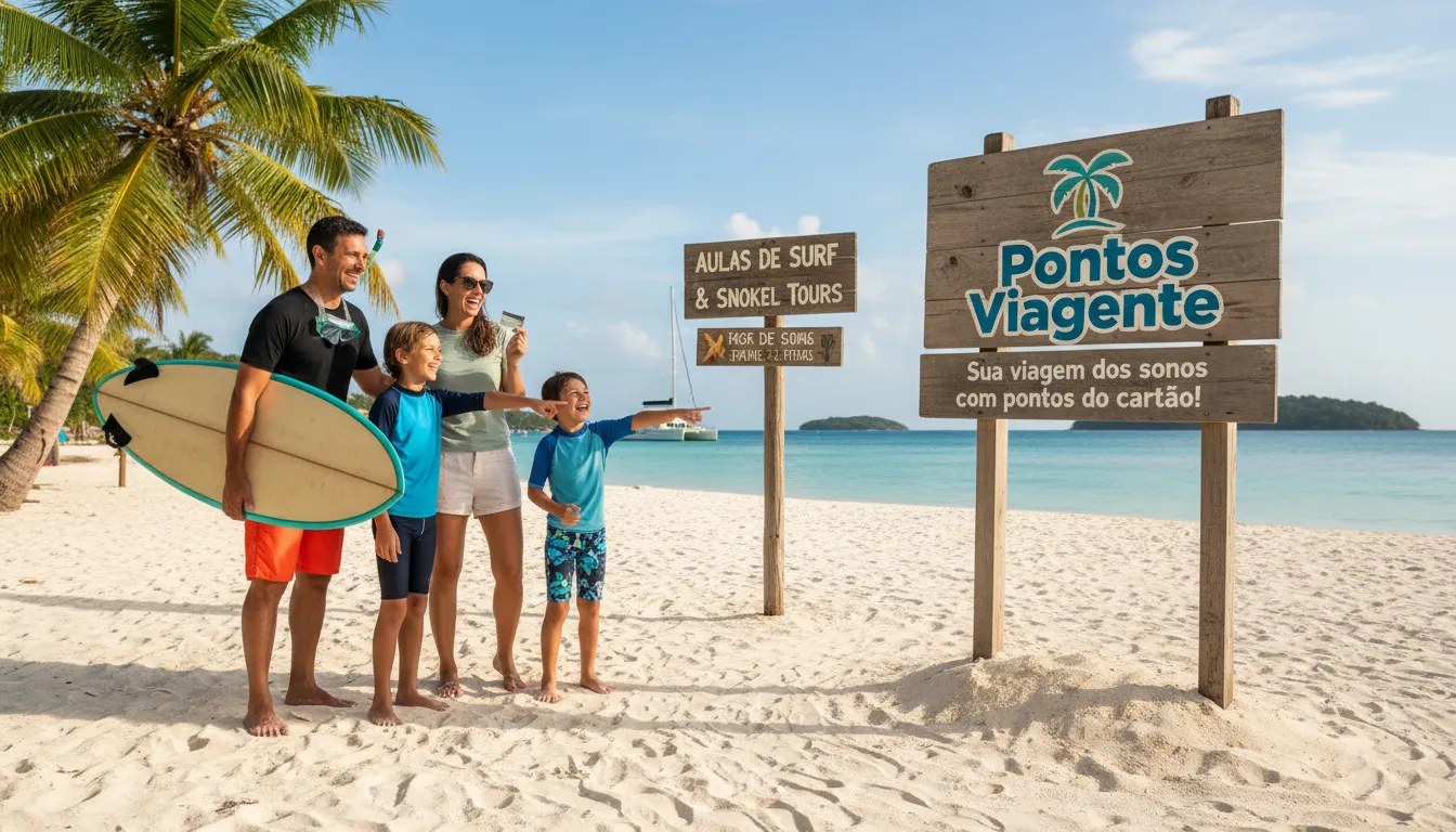 Família feliz curtindo férias tropicais, aproveitando os benefícios dos pontos no cartão de crédito para atividades aquáticas com a Viagente.