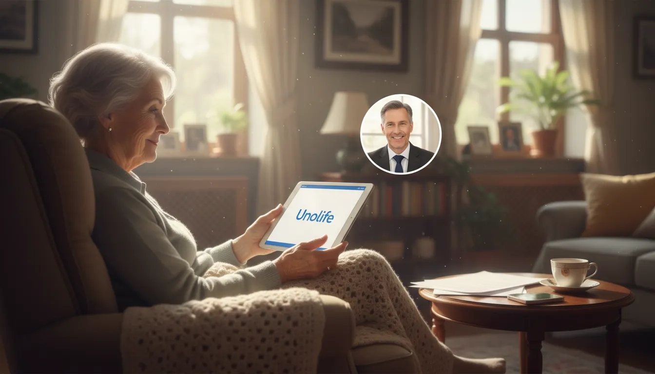 Cena tranquila de um idoso discutindo planos de aposentadoria com um advogado online da Unolife através de um tablet. A Unolife facilita o acesso a advogados online.