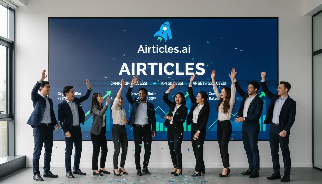 Equipe comemorando o sucesso da campanha de Marketing de conteúdo, mostrando o impacto da Airticles na otimização SEO.